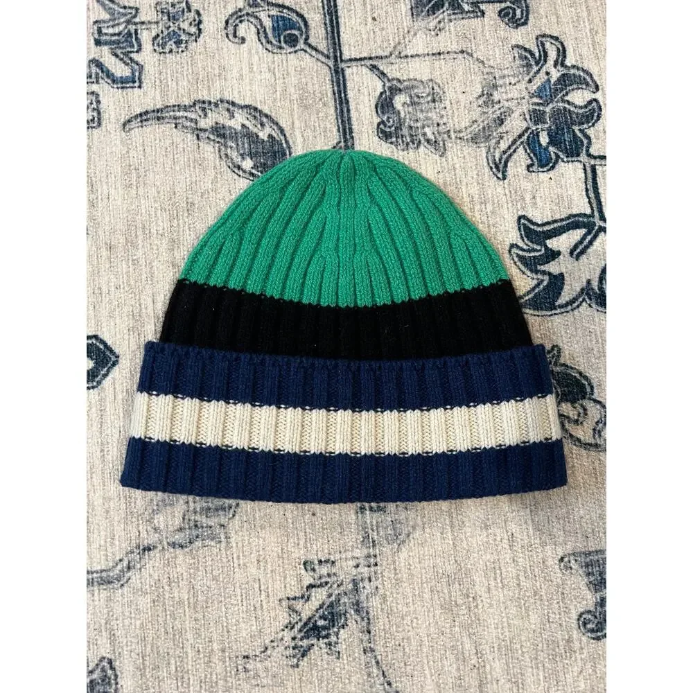 NWT Everlane Unisex Cashmere Wool Ribbed Multi-Stripe Beanie Green Navy OS